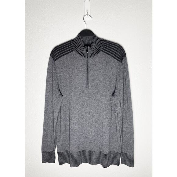 Smartwool Men's 1/4 Zip Wool Blend Sweater Mock Neck Grey Black Shoulder Stripes